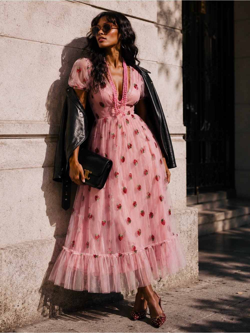 Pink Strawberry Sequin Tulle Maxi Dress Size Large Coquette NWOT - Picture 3 of 16